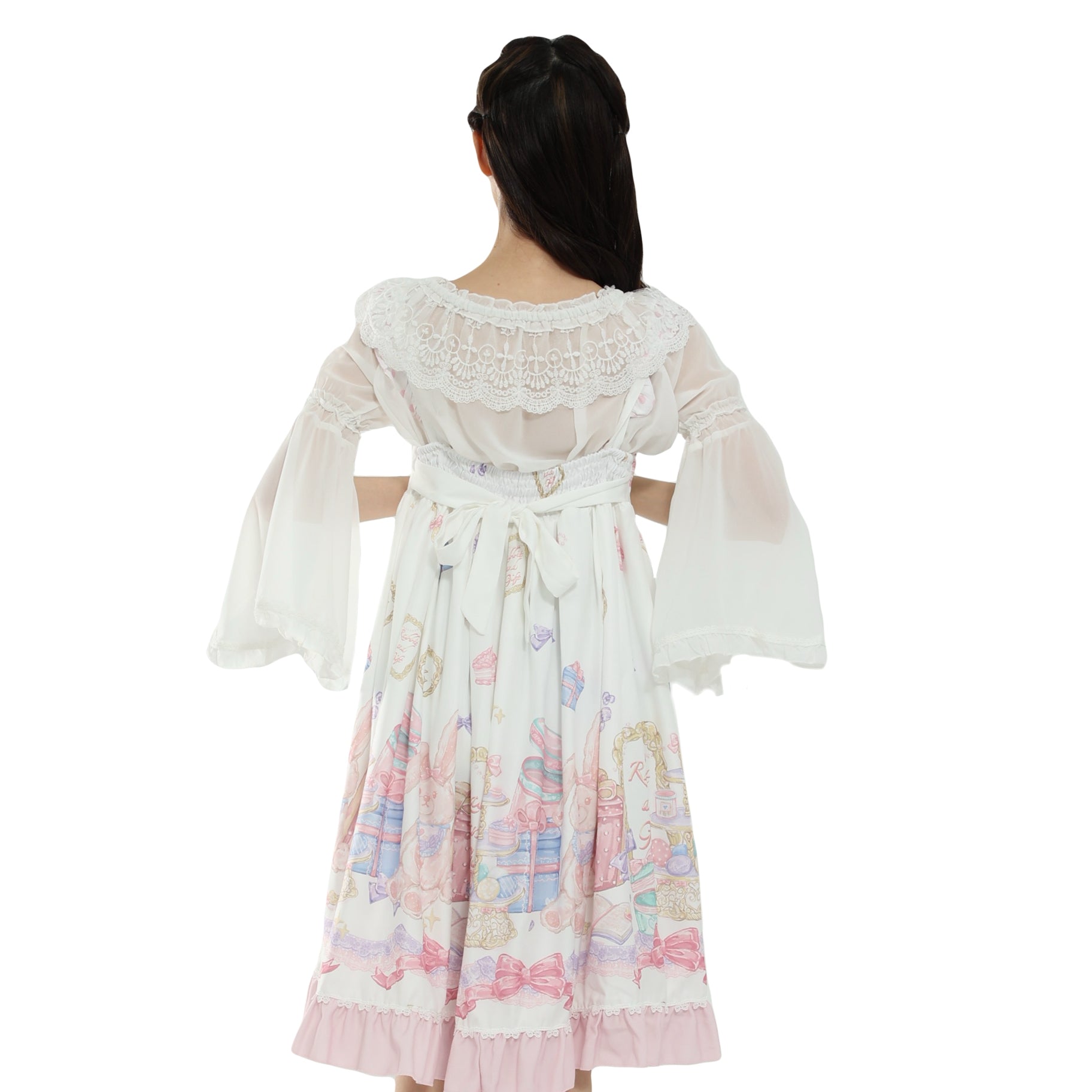 Kawaii Sweet Lolita Rabbit Print Dress Lace Ruffle JSK with Big Bow Pull-On Princess Dress for Girls